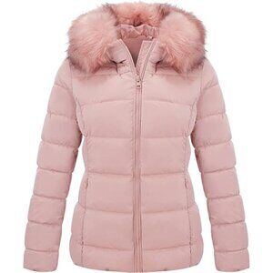 Women's Warm Quilted Bubble Padded Hood Coat with Faux Fur Collar, Pink